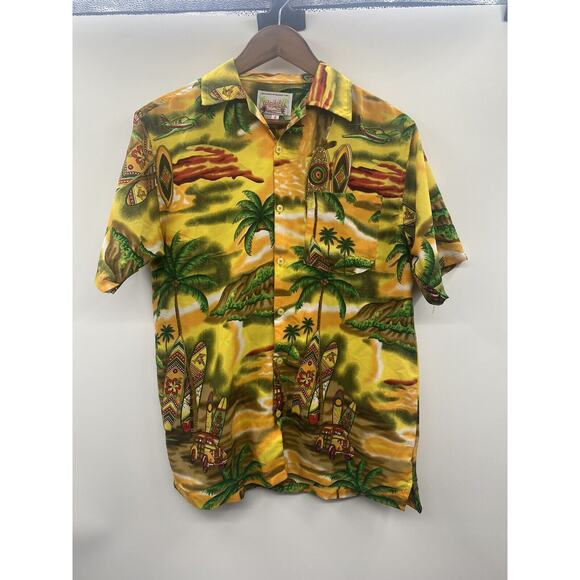 Waikiki Creations Hawaiin Shirt Palm Surfboard Woody Plane Mens S Small Yellow - Picture 1 of 6
